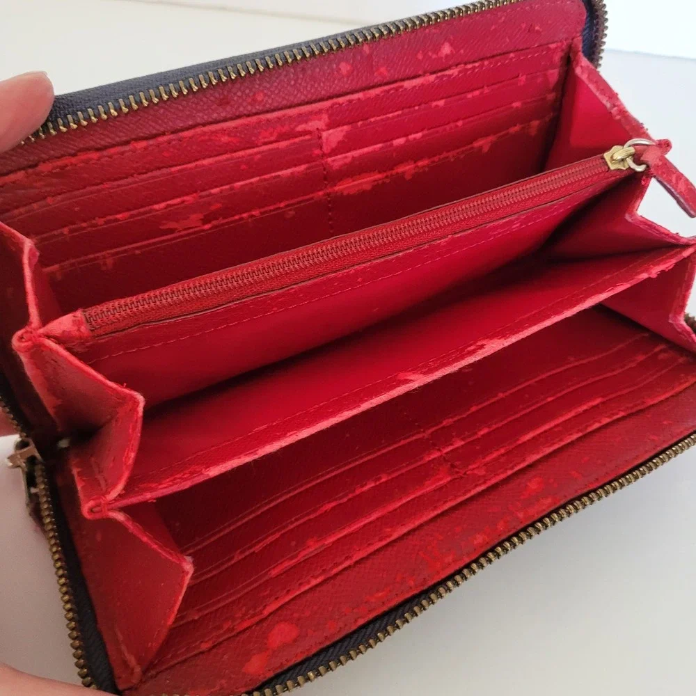 Coach Signature Accordion Zip Wallet Charcoal Red Leather Trim Studded F54007